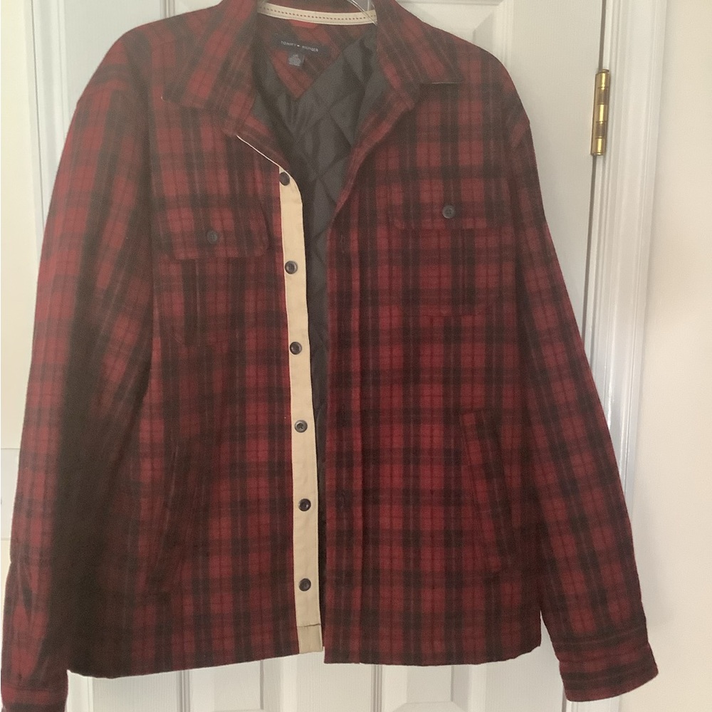 Tommy Hilfiger L Men Quilted Red Plaid Flannel Jacket Wool Blend Buttons Up